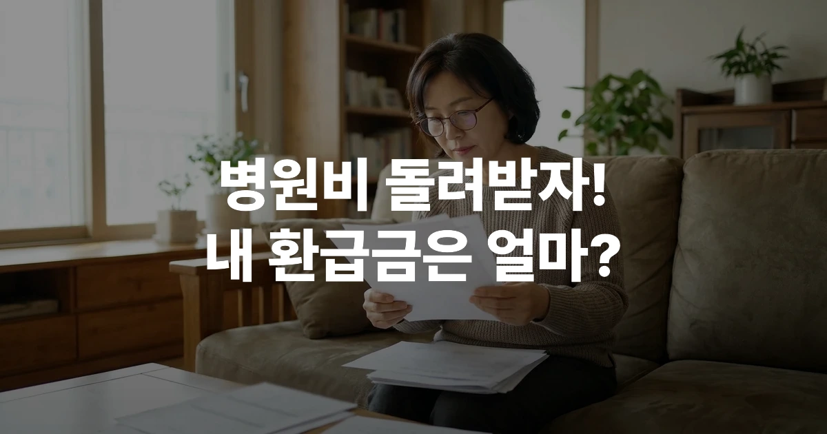 40대 여성이 거실 소파에 앉아 건강보험 안내문과 병원 영수증을 꼼꼼히 확인하는 모습