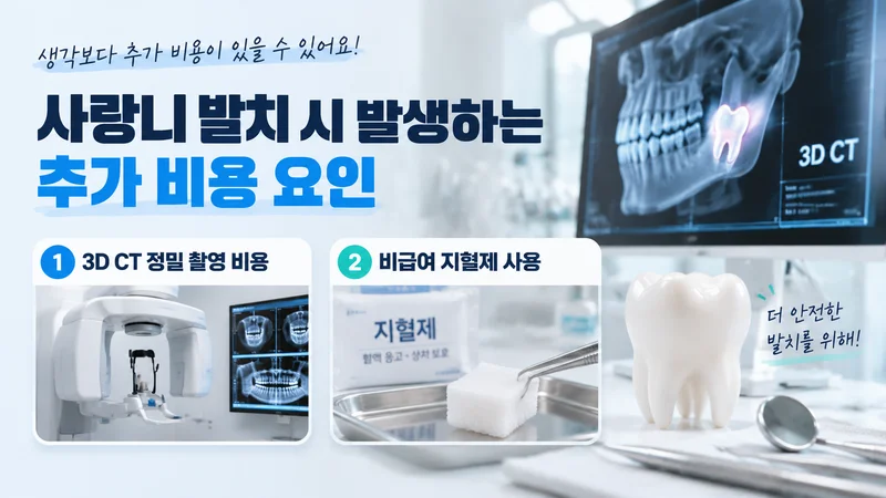 사랑니 발치 과정에서 발생하는 3D CT 촬영과 비급여 지혈제 사용 등 추가 비용 요인을 설명하는 치과 이미지