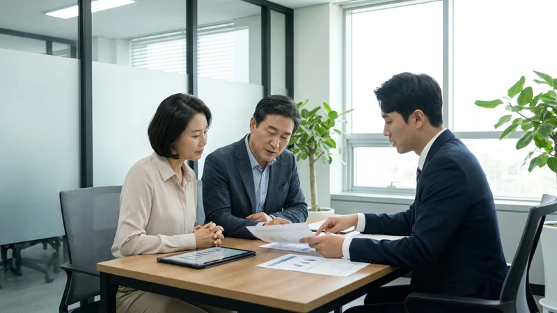 보험사 상담 창구에서 사망보험금 관련 상담을 받는 한국 중장년 부부