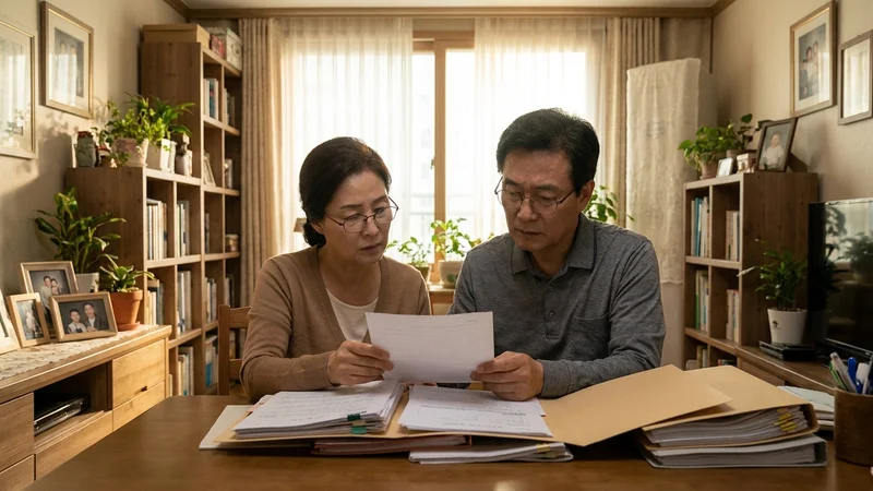 집에서 건강보험 관련 서류를 함께 살펴보는 40~50대 한국인 부부