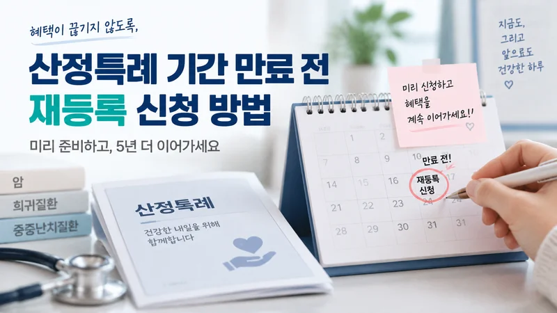 산정특례 기간 만료 전 재등록 신청 방법을 안내하는 이미지로 달력에 신청 시점을 표시하며 혜택 연장을 준비하는 모습을 보여준다