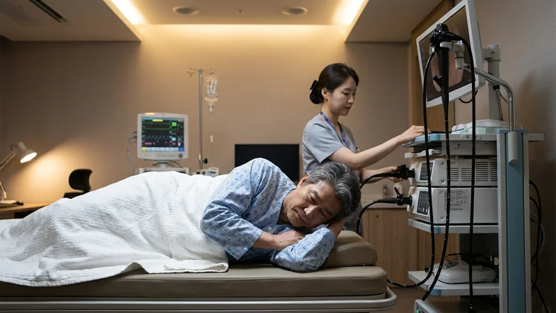 한국인 중장년 남성이 병원에서 위내시경 검사 결과를 의사에게 설명 듣는 장면