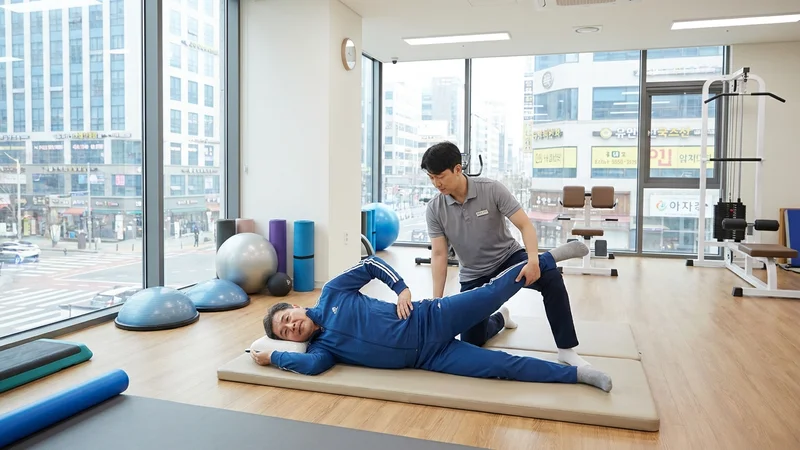 척추관협착증 수술 후 병원 재활실에서 물리치료사와 함께 재활 운동을 하는 중년 환자