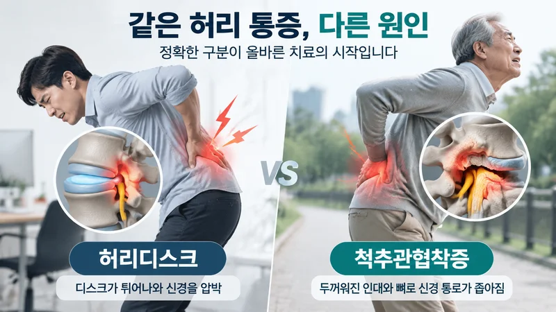 허리디스크와 척추관협착증의 원인 차이를 비교하며 신경 압박 부위를 보여주는 의료 일러스트 이미지