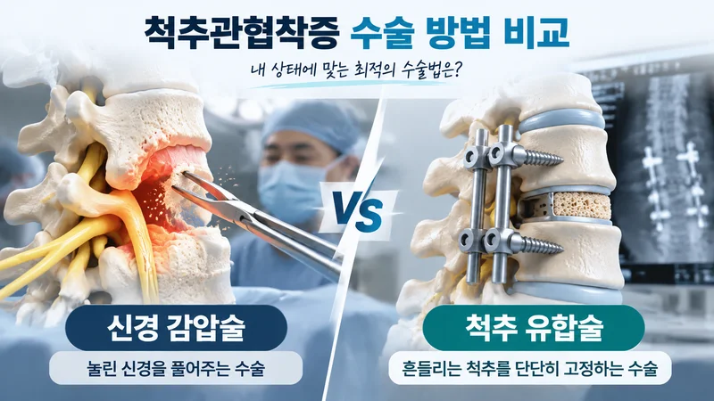 척추관협착증 치료 방법인 신경 감압술과 척추 유합술을 비교해 보여주는 수술 방식 안내 이미지