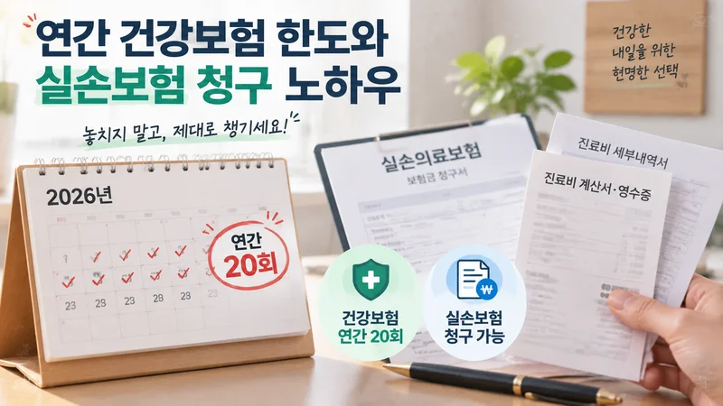 추나요법 건강보험 연간 20회 한도와 실손보험 청구를 위한 달력과 진료비 서류를 보여주는 이미지