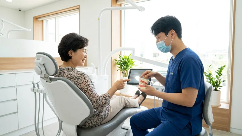 치과에서 교정 상담을 받고 있는 40대 한국 여성 환자