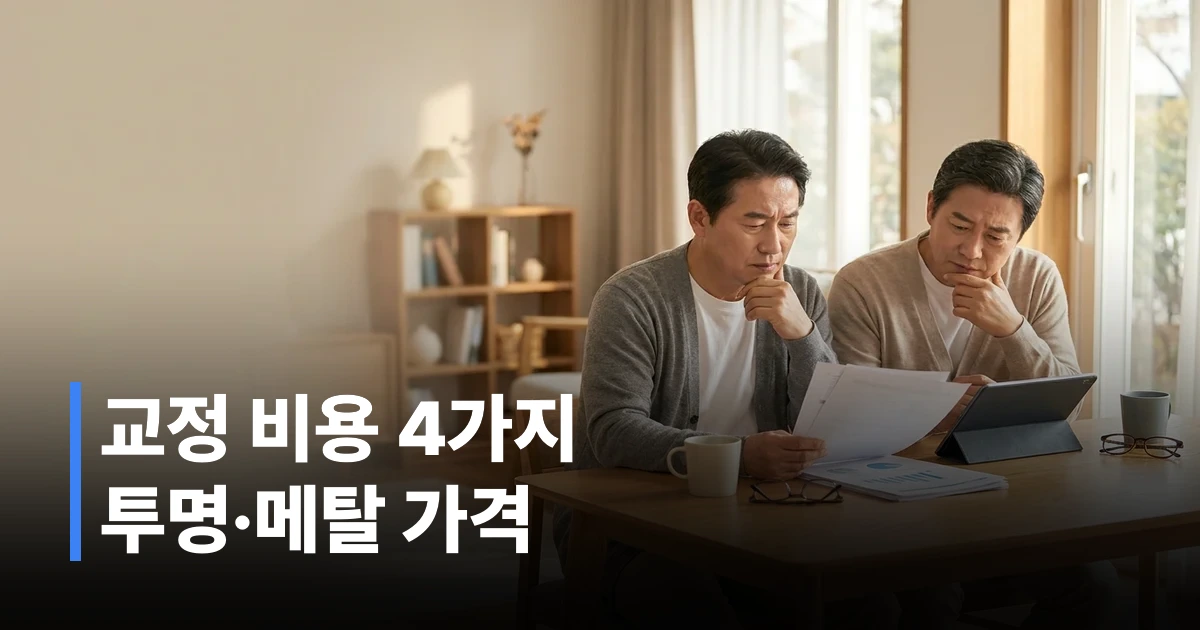 2026년 치아교정 종류별 비용과 기간을 비교하는 50대 한국인 부부