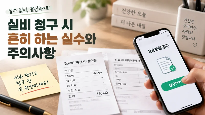 실비보험 청구 시 주의사항과 영수증 및 모바일 청구 절차를 보여주는 이미지