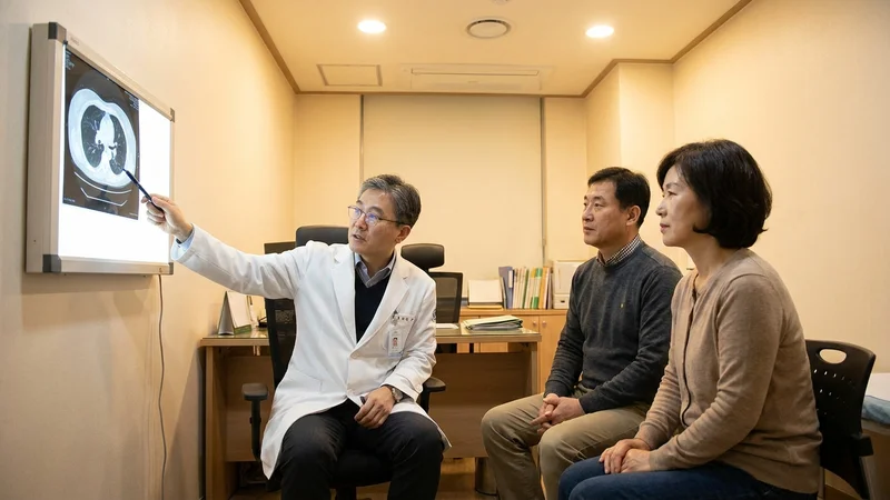 의사가 폐 CT 영상을 보며 중년 환자에게 폐암 치료 방법을 설명하는 병원 진료 장면