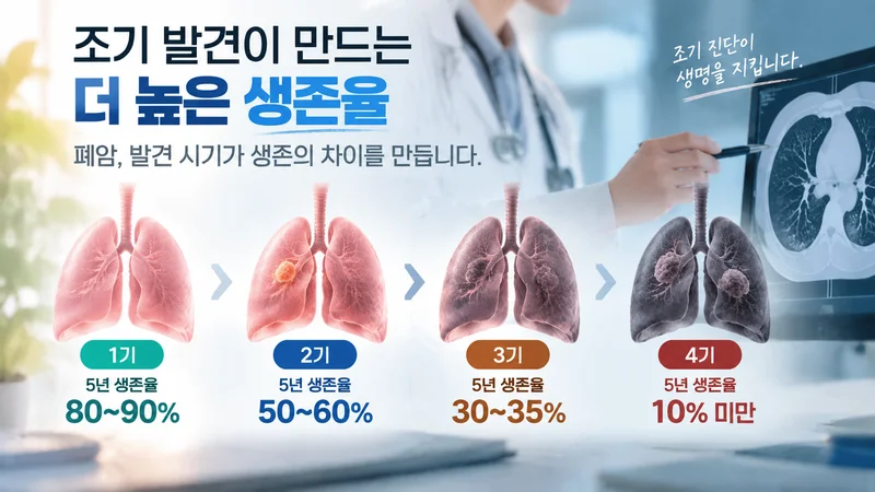 폐암 조기 발견을 위한 저선량 흉부 CT와 조직검사, 치료 계획 수립의 3단계 검사 절차를 설명하는 의료 이미지