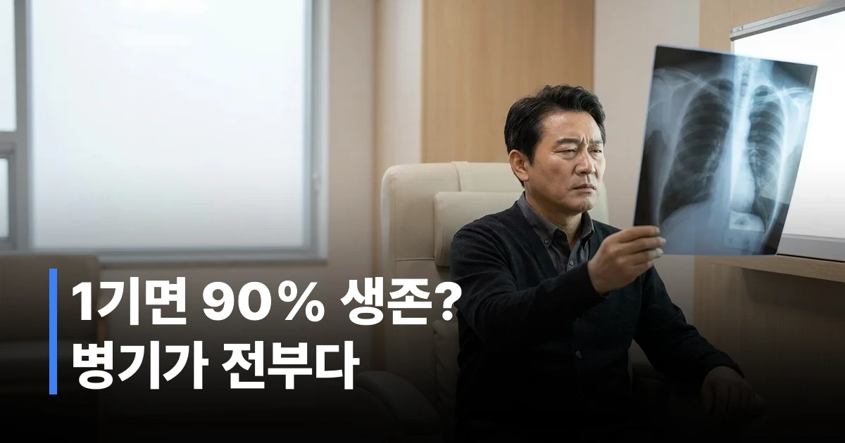 폐암 병기별 5년 생존율 비교 — 1기 90%, 4기 10% 수준의 차이를 보여주는 의료 정보 이미지