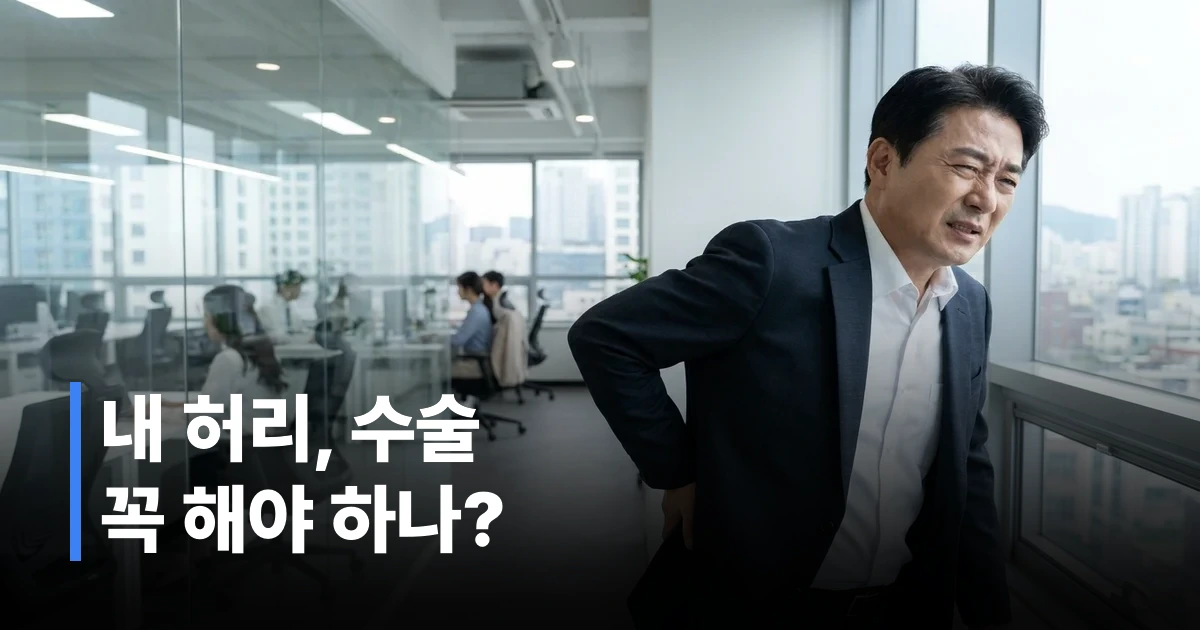 40~60대 남성이 사무실에서 허리를 짚으며 통증을 호소하는 모습