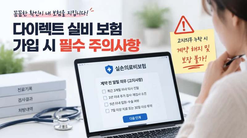다이렉트 실비 보험 가입 시 고지의무 확인과 주의사항을 안내하는 온라인 보험 신청 이미지