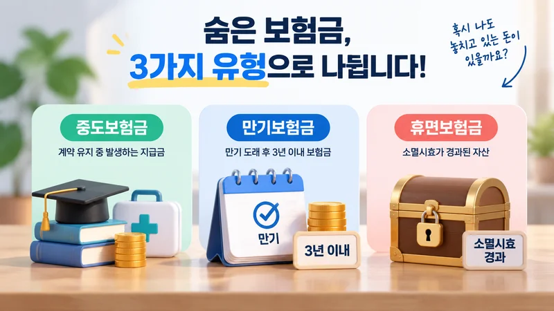 숨은 보험금이 중도보험금·만기보험금·휴면보험금 세 가지 유형으로 나뉘는 과정을 표현한 깔끔한 금융 일러스트 이미지