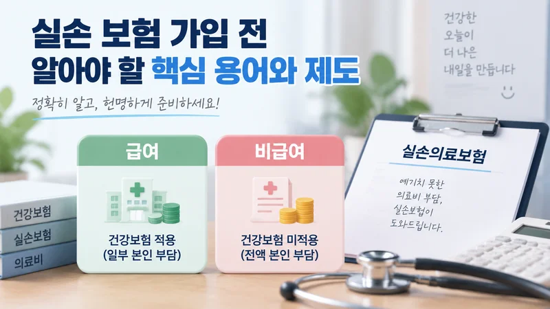 실손 보험의 핵심 용어인 급여와 비급여 차이 및 실손보상 원칙을 보여주는 의료보험 안내 이미지