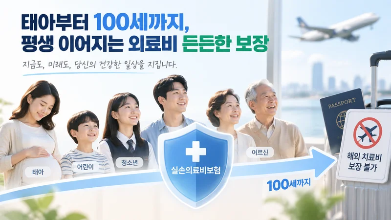 태아부터 100세까지 이어지는 실손의료비보험 보장 범위와 해외 치료비 보장 제한을 표현한 가족 중심의 보험 안내 이미지