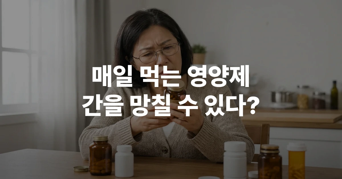 40~60대 한국 여성이 테이블 위에 놓인 여러 영양제 병을 꼼꼼히 확인하는 모습