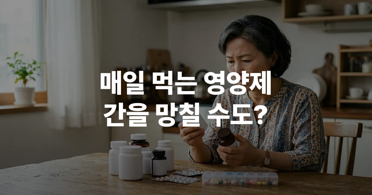 40~60대 여성이 테이블 위 여러 영양제 병을 살펴보며 성분표를 확인하는 모습