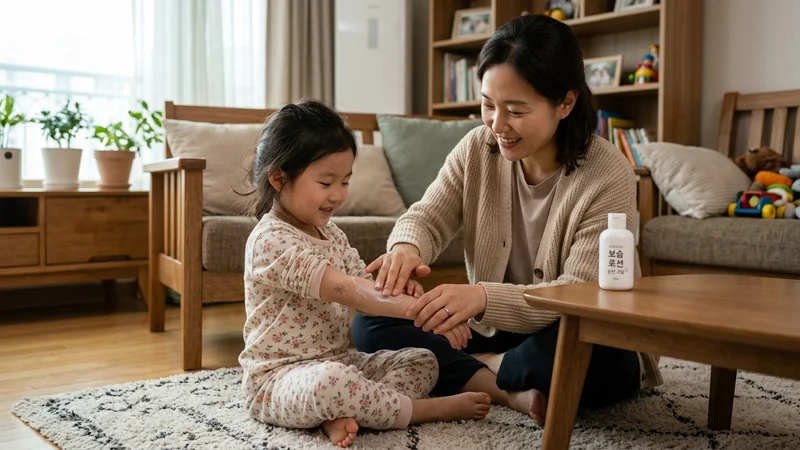 부모가 아이의 피부에 보습 로션을 발라주는 모습