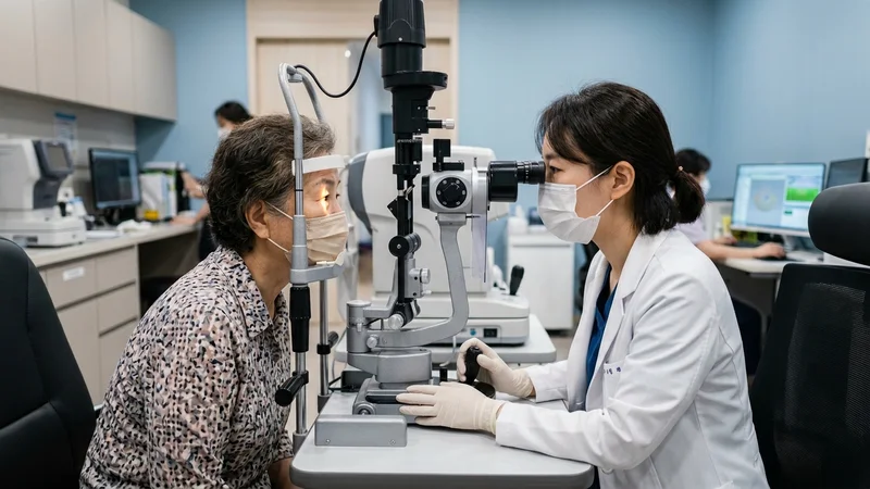 세극등 현미경으로 각막 상태를 정밀 검사하는 안과 의사