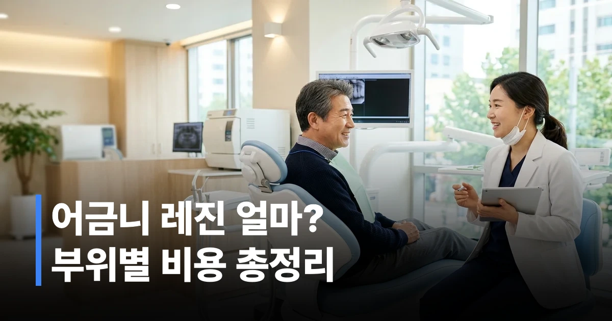 40대 남성 환자가 치과 진료 의자에 앉아 치과의사와 레진 치료 비용을 상담하는 장면