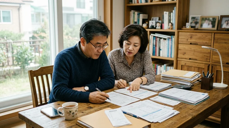한국 중장년 부부가 가정에서 의료비 관련 서류를 함께 검토하는 모습