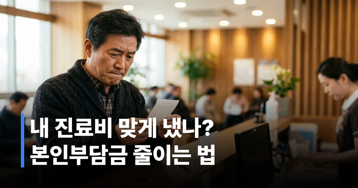 한국 50대 남성이 병원 접수처에서 진료비 영수증을 꼼꼼히 확인하는 모습