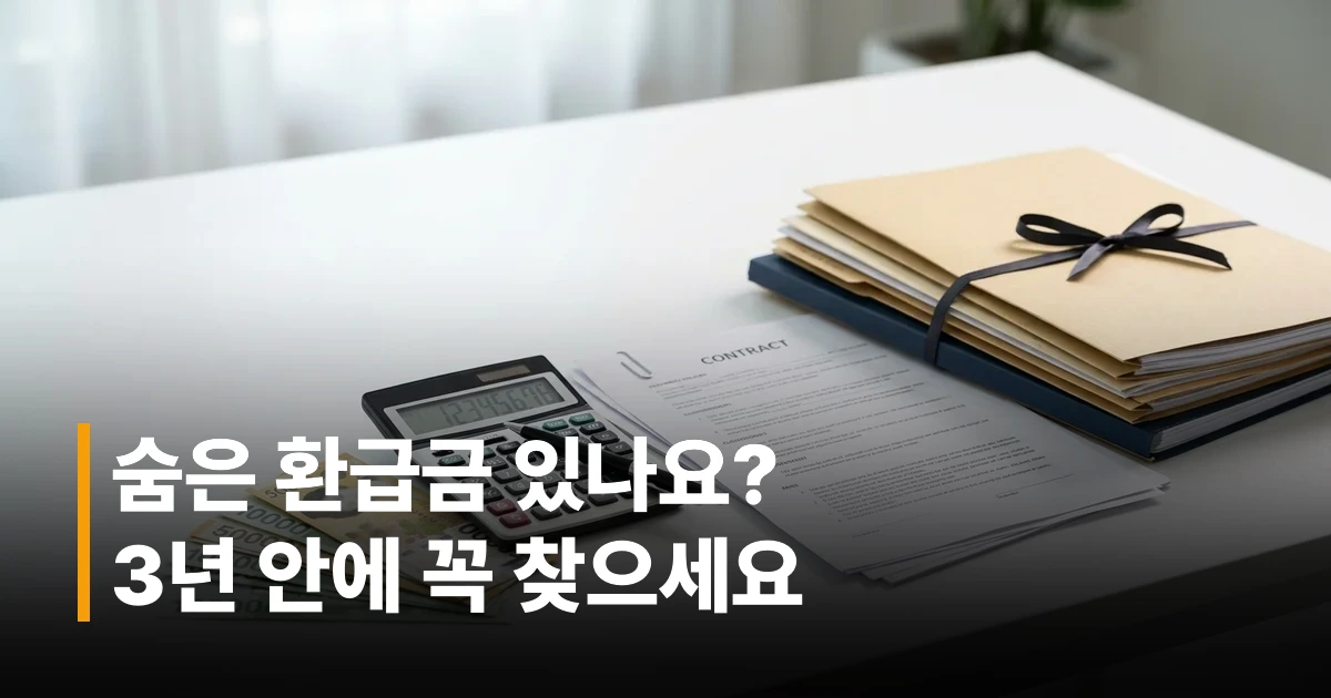 보험 계약서와 환급금 관련 서류, 계산기가 놓인 책상 이미지