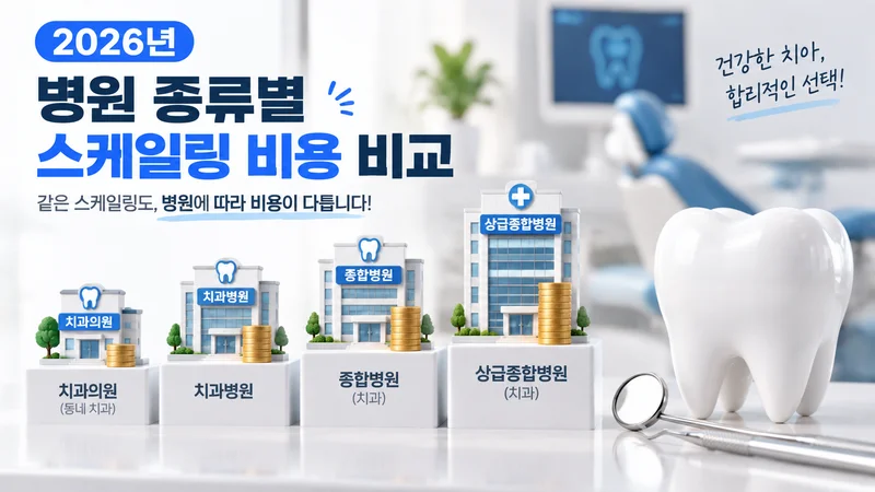 치과의원부터 상급종합병원까지 병원 규모별 스케일링 비용 차이를 비교하는 치과 비용 안내 이미지