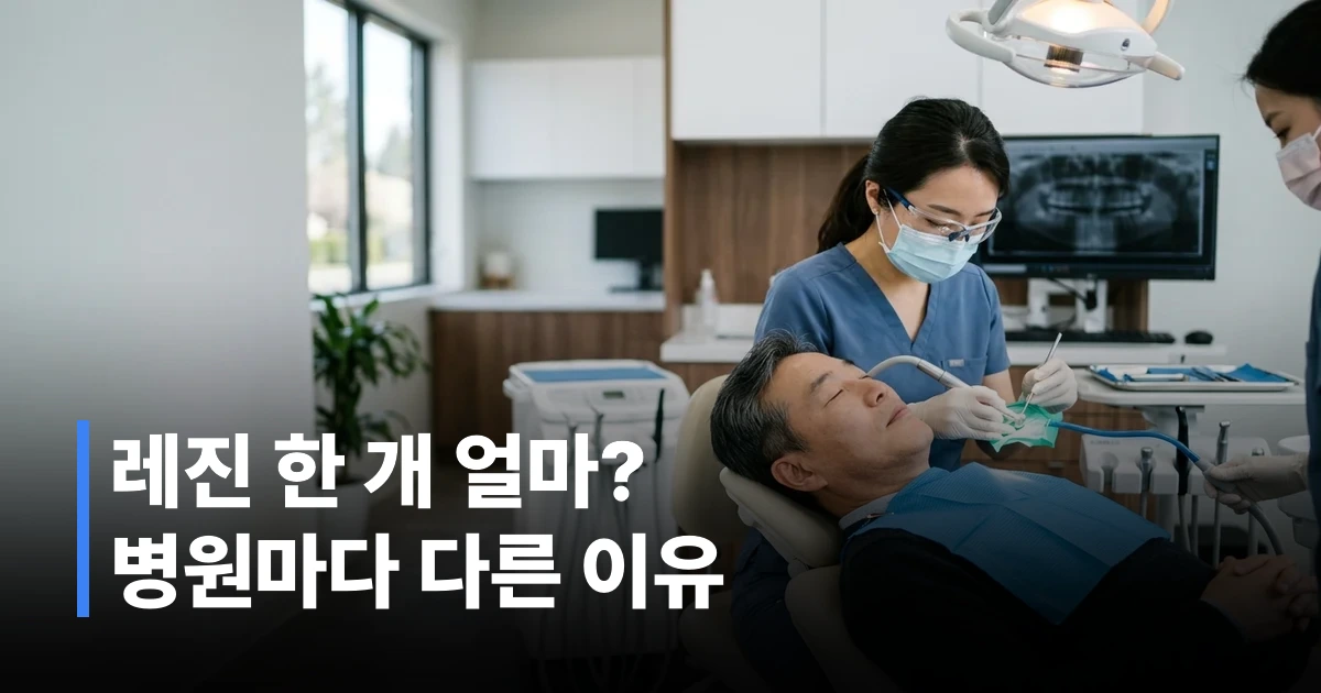 40대 한국인이 치과 진료 의자에 앉아 레진 충치 치료를 받는 장면