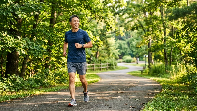 50대 남성이 실내 자전거를 타며 지방간 개선을 위한 중등도 유산소 운동을 하는 장면