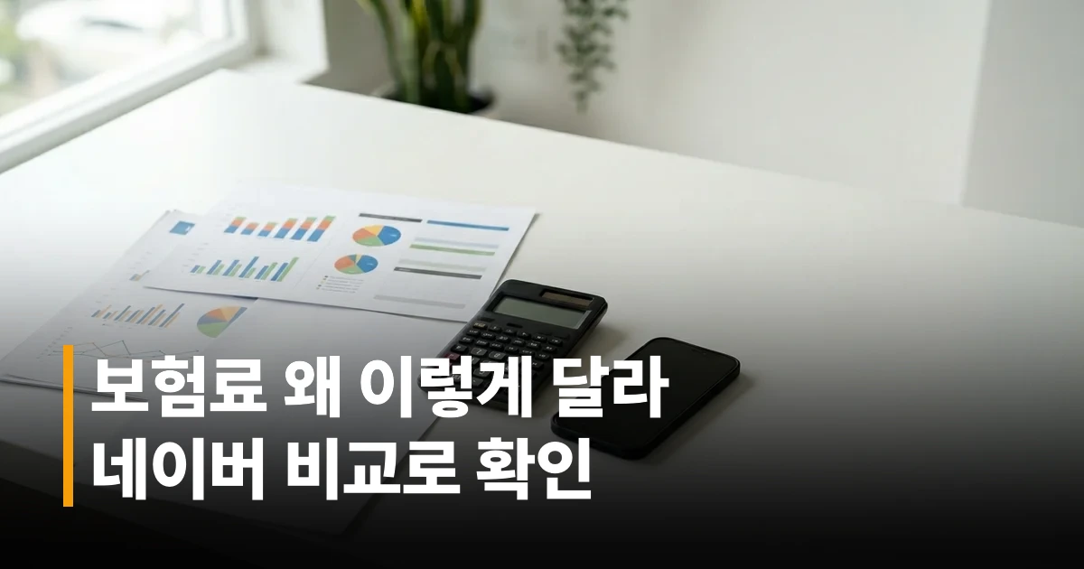 보험 계약 서류와 계산기, 스마트폰이 놓인 책상 위의 보험 비교 화면