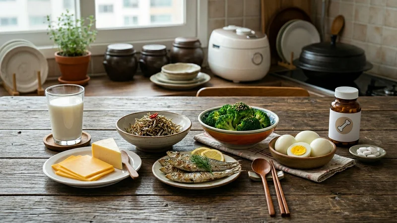 칼슘과 비타민D가 풍부한 우유·치즈·생선·채소와 건강기능식품 보틀이 함께 놓인 주방 식탁