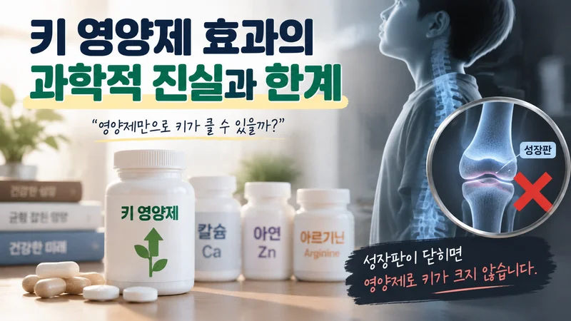 키 영양제 병과 성장판 검사를 비교해 영양제만으로 키 성장이 어려운 과학적 한계를 보여주는 건강 정보 이미지