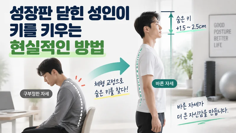 구부정한 자세의 성인이 체형 교정을 통해 바른 자세로 변화하며 숨은 키를 찾는 과정을 표현한 건강 관리 이미지