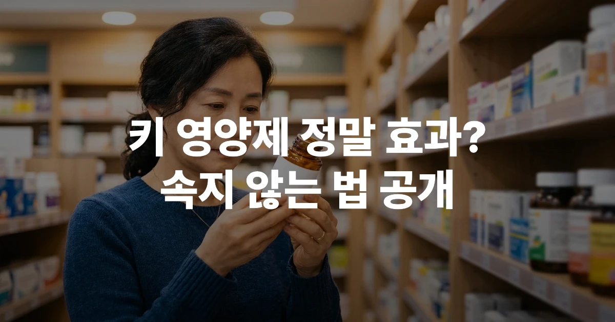 한국 40대 부모가 약국에서 어린이 키 성장 영양제 성분을 꼼꼼히 살펴보는 모습