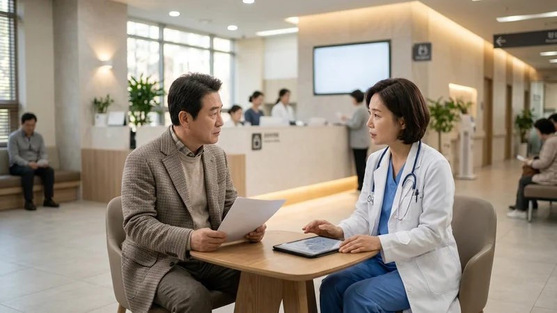 한국 40~60대 부부가 병원 진료 상담실에서 의사에게 설명을 듣고 있는 모습