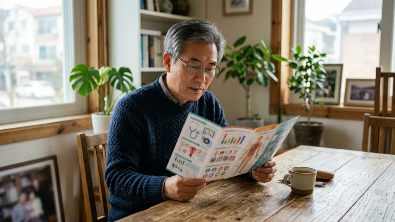 병원 진료실에서 건강검진 서류를 보며 의사와 대화하는 한국인 중년 환자