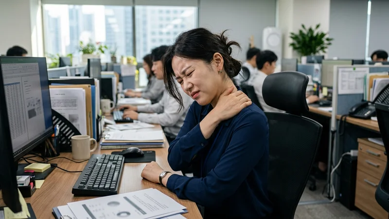 사무실 데스크에 앉아 어깨 통증을 느끼며 목을 만지고 있는 한국인 직장인의 모습