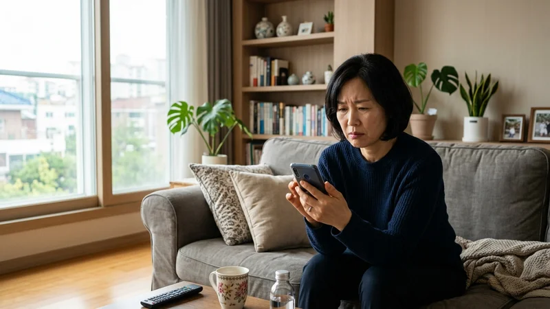 아늑한 거실에서 유방 검진 결과를 확인한 뒤 걱정스러운 표정으로 스마트폰을 검색하고 있는 40대에서 60대 사이의 중년 여성
