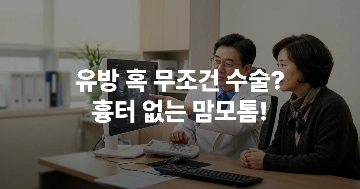 중년 여성이 의사와 함께 건강검진 후 유방 초음파 사진을 확인하며 유방 혹과 맘모톰 수술에 대해 상담받는 모습