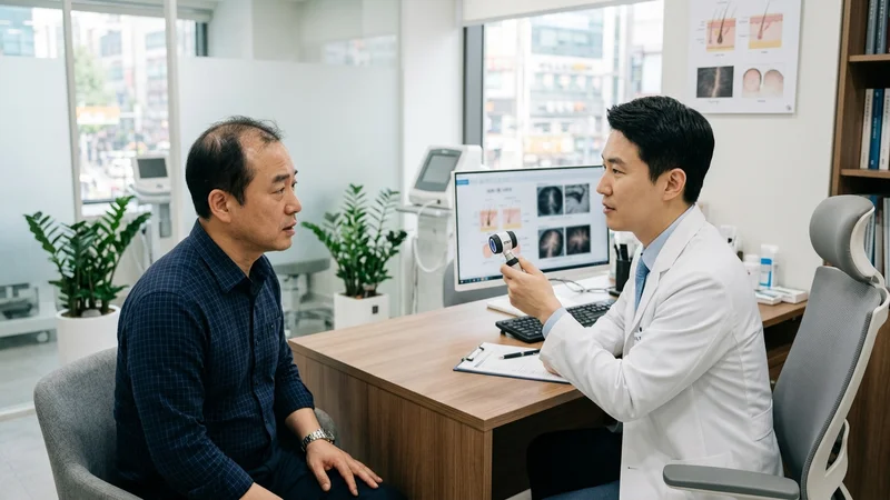 병원 진료실에서 의사와 탈모 치료 상담을 받는 중년 환자