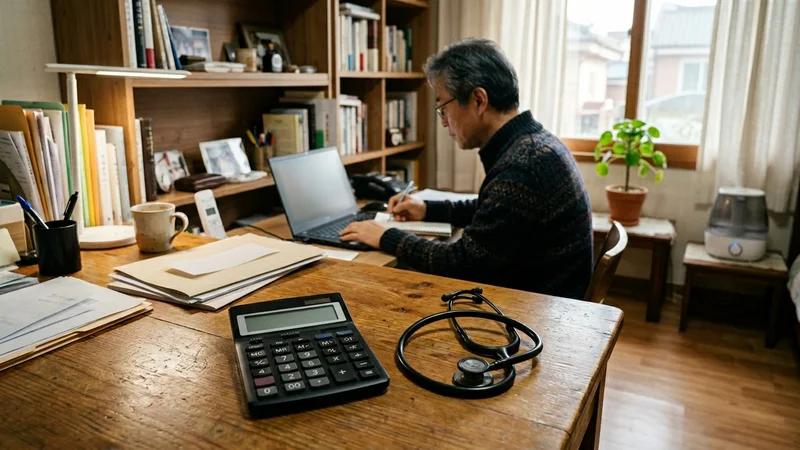 의료비 영수증과 서류가 놓여 있는 책상
