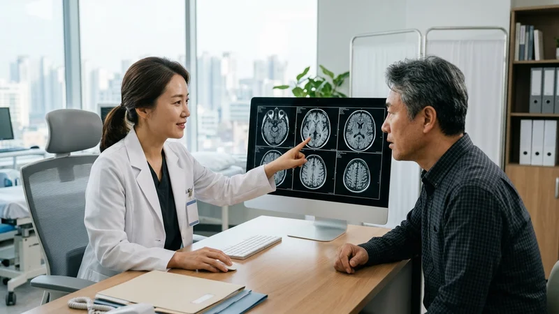 병원 진료실에서 전문의가 환자에게 MRI 판독 결과를 설명하는 모습