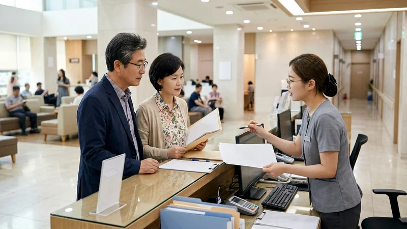 국민건강보험공단 창구에서 체납 관련 상담을 받는 한국인 중장년 부부