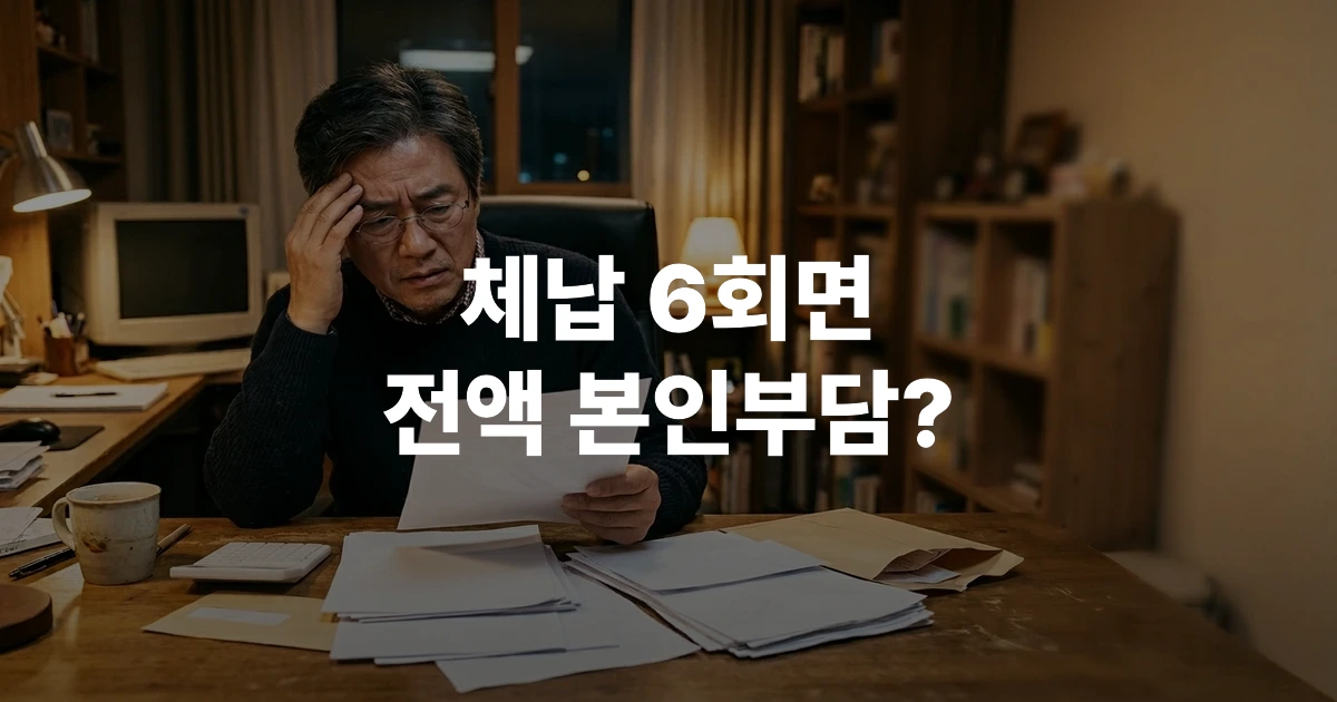 건강보험료 체납 통지서를 받고 걱정하는 50대 한국인 남성이 서류를 살펴보는 모습