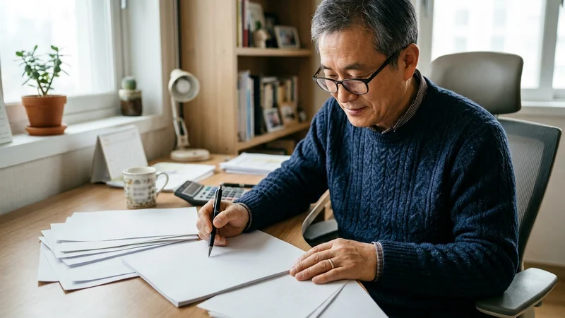 건강보험공단 의료비 환급 관련 서류와 병원비 영수증을 검토하는 장면