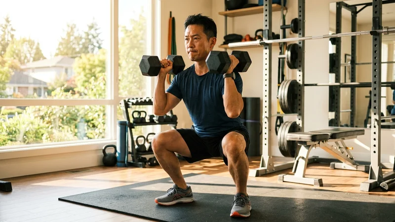 중년 남성이 밝은 홈짐에서 덤벨 운동을 하는 모습