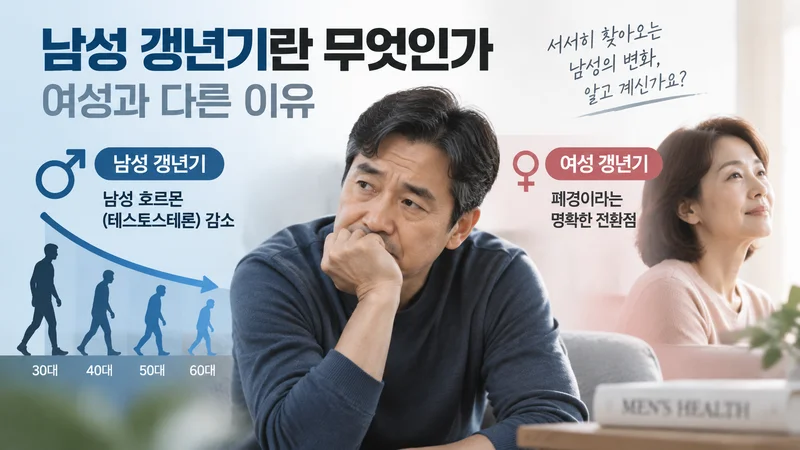 남성 갱년기의 원인과 여성 갱년기와의 차이를 비교하며 설명하는 중년 남성과 호르몬 변화 이미지